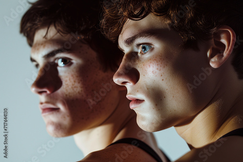 Studio shot portrait two athlete young men with freckles on the face and shoulders