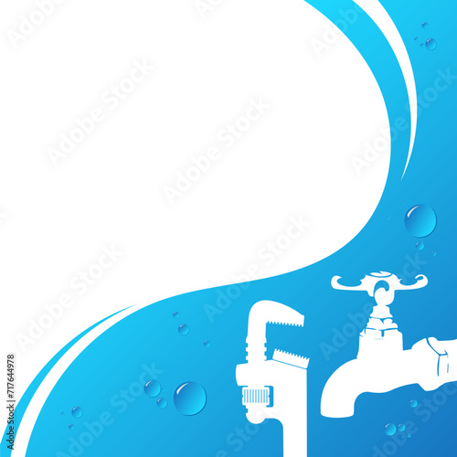 Faucet wrench and water drops. Design for plumbing maintenance repair