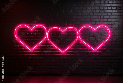 neon hearts frame on black brick wall background