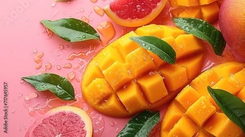 a fresh background with cuts of vibrant mango, a creative layout to highlight the fruit's softness and flavor.