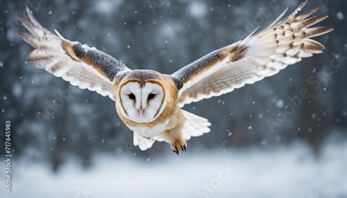 Barn owl flying towards the camera in heavy snowfall 

 photo