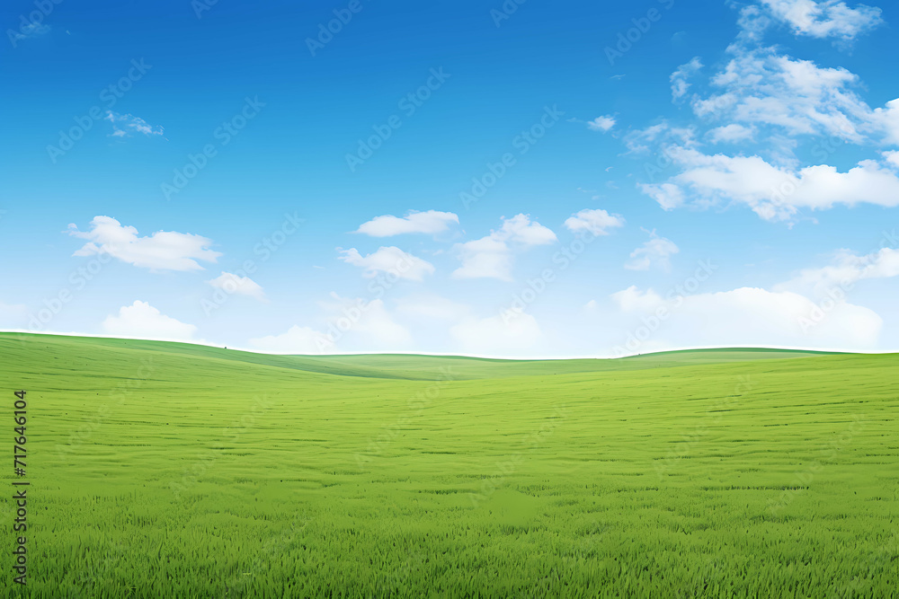 Green Grass On A Vast Grassy Field, A Green Field With Blue Sky And Clouds Green Grass On A Vast Grassy Field, A Green Field With Blue Sky And Clouds