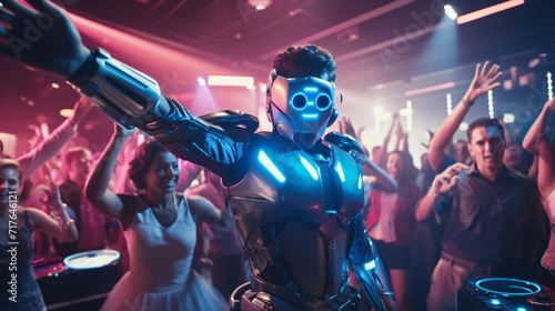 Space suited party goer with modern robotic dance photo