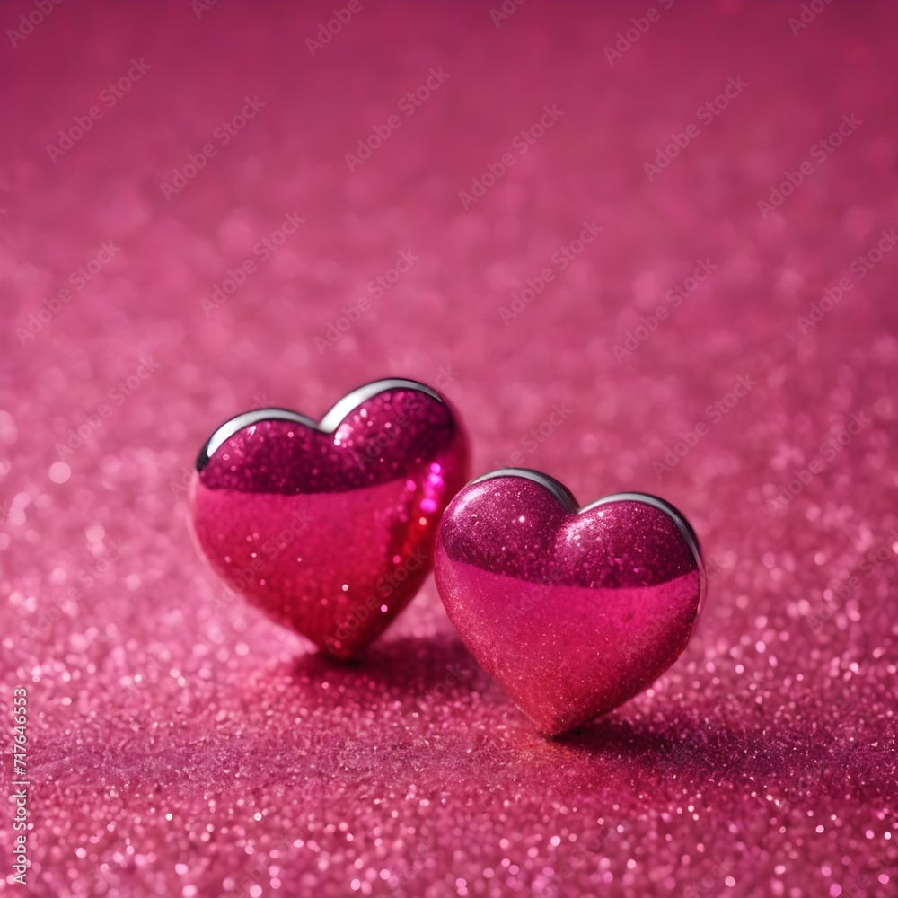 Fototapeta premium Two Hearts On Pink Glitter valentines day concept, copy space