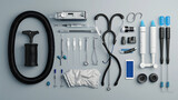 illustration of endoscope equipment used in medicine, surgical room in hospital, set of medical instruments