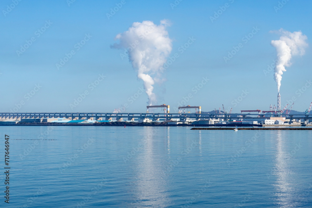 Seto Ohashi Bridge and Industrial complex in the seto inland sea, Sakaide city, Kagawa, Shikoku, Japan Seto Ohashi Bridge and Industrial complex in the seto inland sea, Sakaide city, Kagawa, Shikoku, Japan