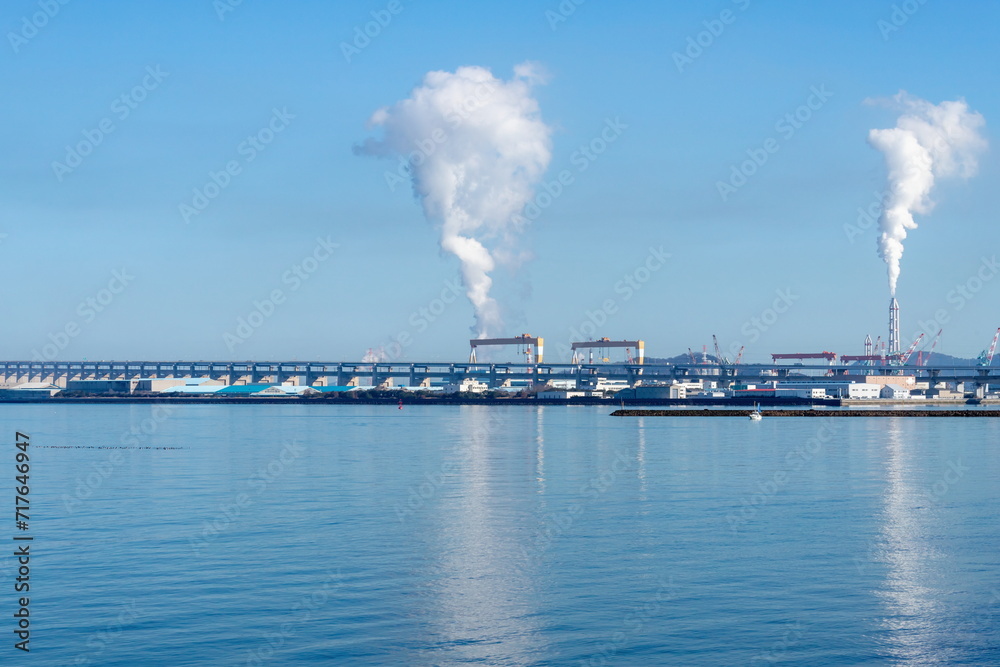 Seto Ohashi Bridge and Industrial complex in the seto inland sea, Sakaide city, Kagawa, Shikoku, Japan	