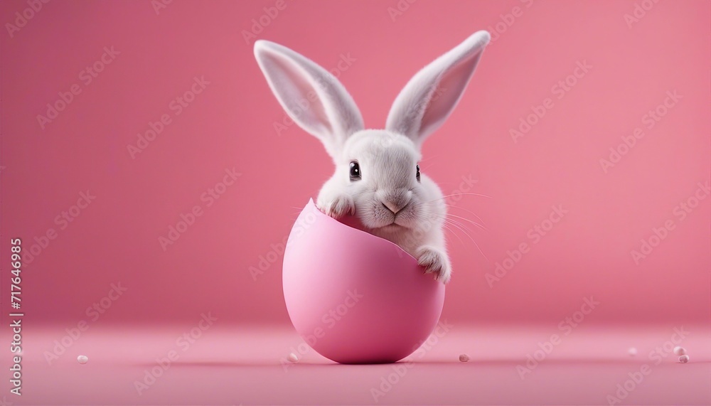 Cute Easter bunny hatching from pink Easter egg isolated on pastel pink background
Cute Easter bunny hatching from pink Easter egg isolated on pastel pink background