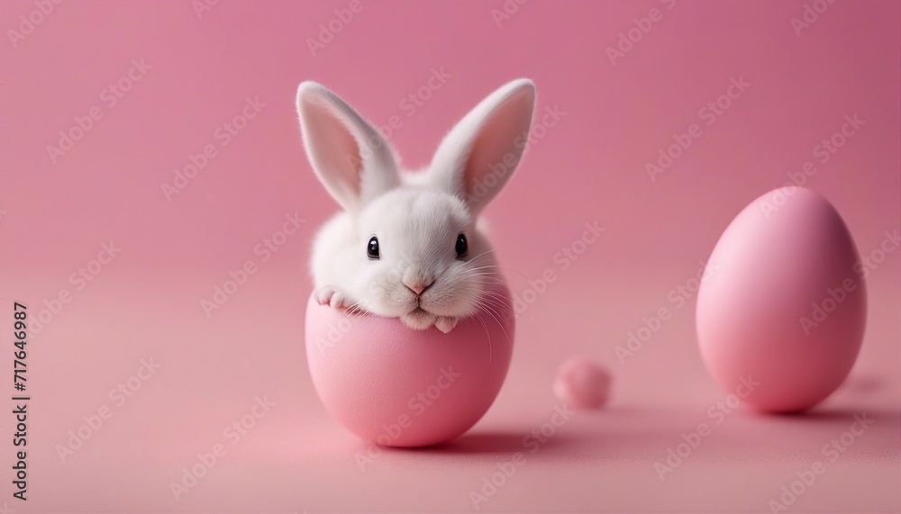 Cute Easter bunny hatching from pink Easter egg isolated on pastel pink background
