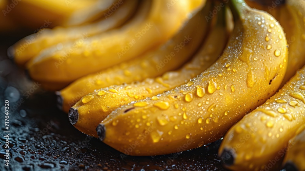 Fresh banana fruit close up with water droplets.