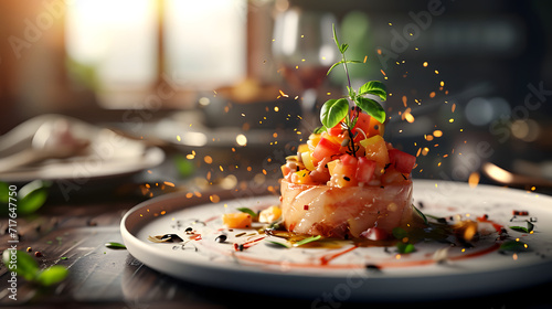 delicious fresh food and seasoning with water splash on plate, studio shoot food photo