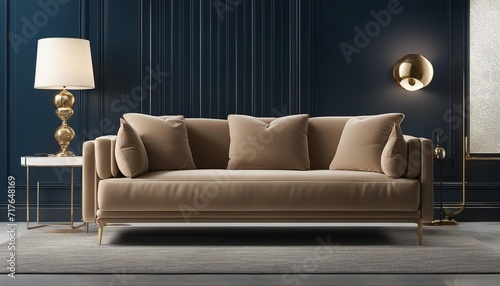 Luxury sofa with lamp in living room interior design on dark blue painted wall background with copy space 