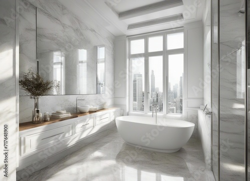 White bathroom marble countertop with copy space on blurred window background 