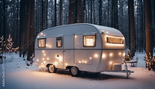 a towing caravan standing in the park with led lights in the winter season 