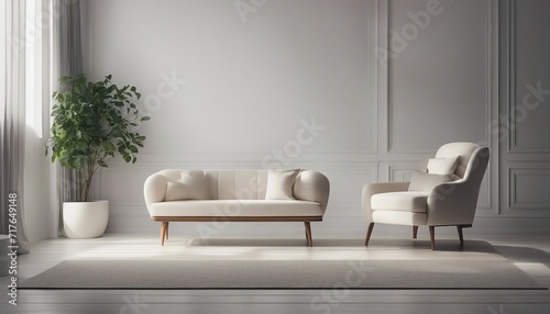 a minimalist room with a single chair and a flower pot, wall color in white tones 