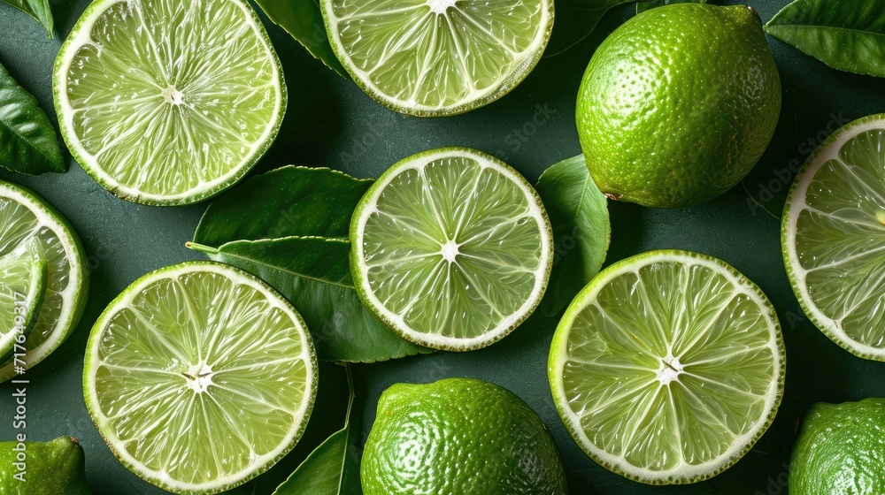 Appealing background with fresh slices of lime, arranged creatively to highlight the fruit's freshness and details.