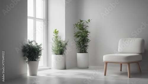 a minimalist room with a single chair and a flower pot  wall color in white tones 