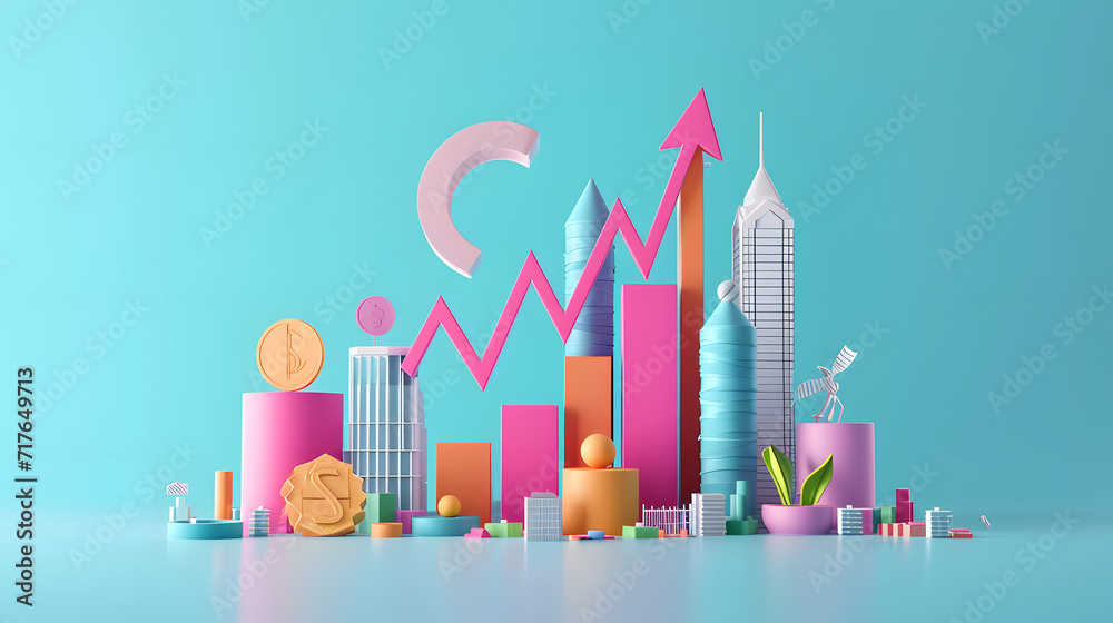 3d chart graph with miniature urban background, 3d chart analysis illustration