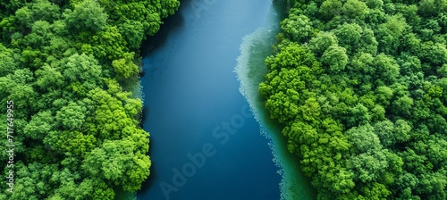 Blue river between the forest. Generative AI technology. 