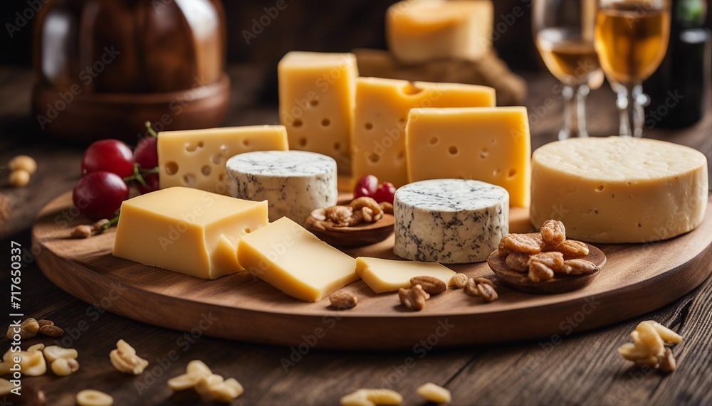 cheese assortment in a wooden presentation plate
