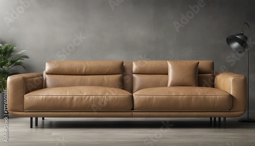 camel colored leather sofa and gray wall color, minimalist design 
