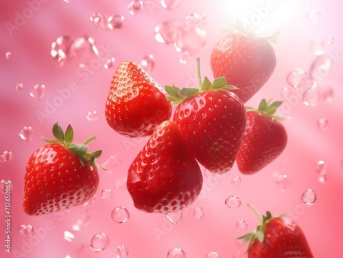 Strawberries flying on a pink background