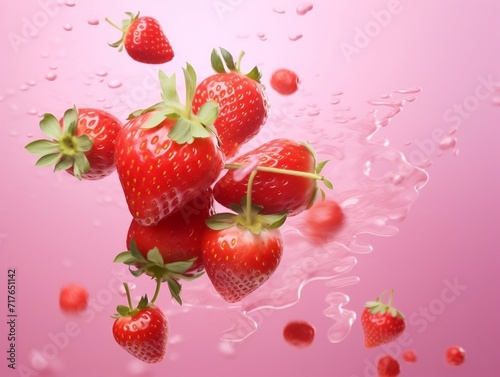 Strawberries flying on a pink background