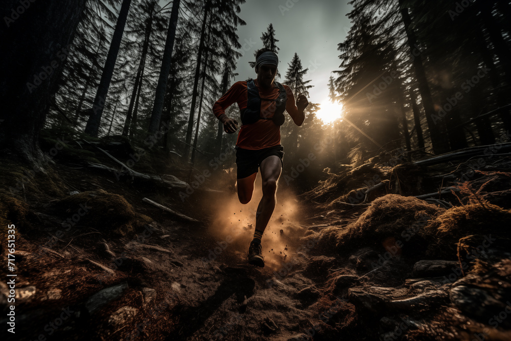 Trail runner running on a forest trail in nature. Healthy outdoor sports lifestyle and fitness activity.