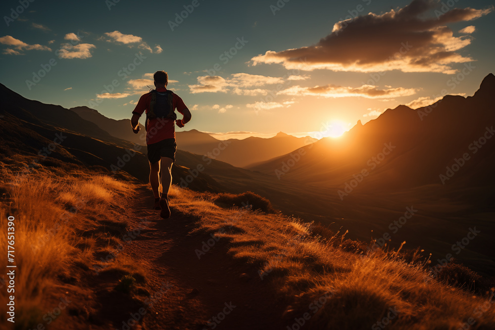 Trail runner running on a mountain trail in nature. Healthy outdoor sports lifestyle and fitness activity.