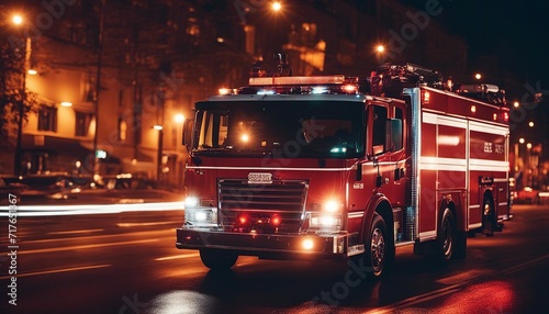 fire truck driving through the streets in the night light, long exposure photo