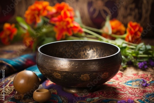 Soothing Tibetan meditation bowl promoting tranquility and harmony. Generative AI