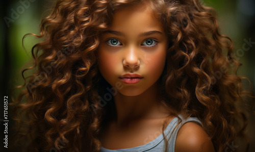 Portrait of a young girl with deep blue eyes and voluminous curly hair, emanating innocence and beauty in a mystical, soft-focus ambiance