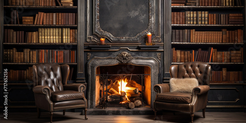 fireplace with old books,,,Luxury old library interior at night, empty room