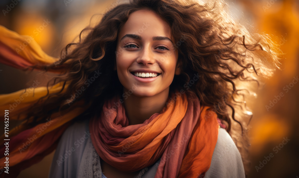 Joyful Woman with Flowing Scarf and Warm Smile Embracing Autumn Colors in a Softly Lit, Artistic Portrait