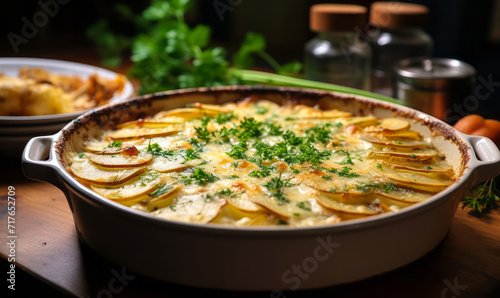 Homemade Golden Brown Potato Gratin in a White Ceramic Dish on a Wooden Table by the Window, Freshly Baked and Garnished with Herbs