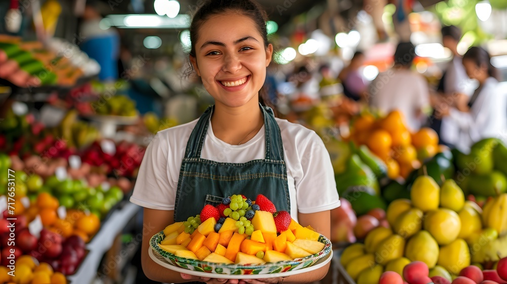 person buying fruits at the market,  vibrant employee standing at the fruit stall, holding a colorful fruit salad, with a radiant smile, surrounded by a variety of healthy food options