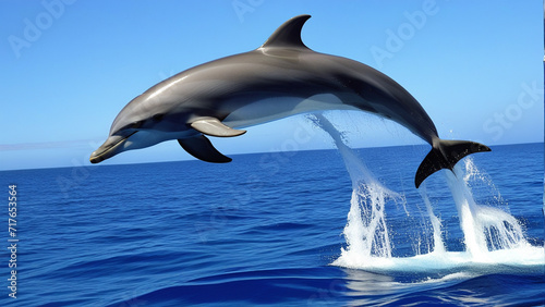 Graceful Dolphin Leaping Out of Deep Blue Ocean  A Moment of Freedom