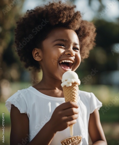 portrait of a little Afro American girl happily eating magnum ice cream 