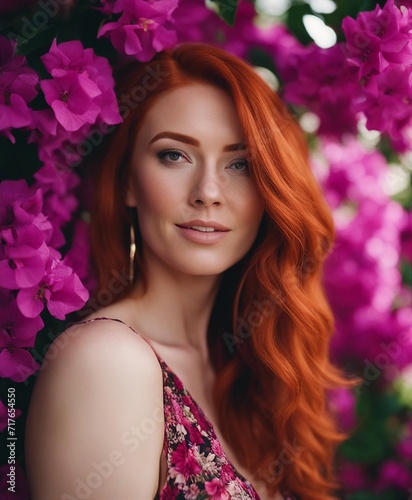 red-haired woman, 33 years old, freckled, halter top , summer time, bougainvillea flower background 