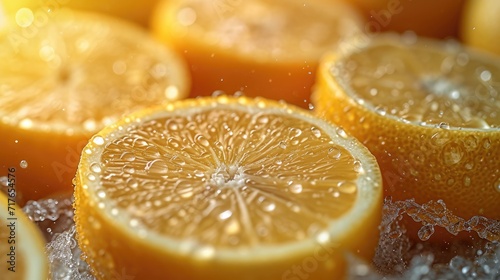 Pile of lemon slices with fresh water drops.