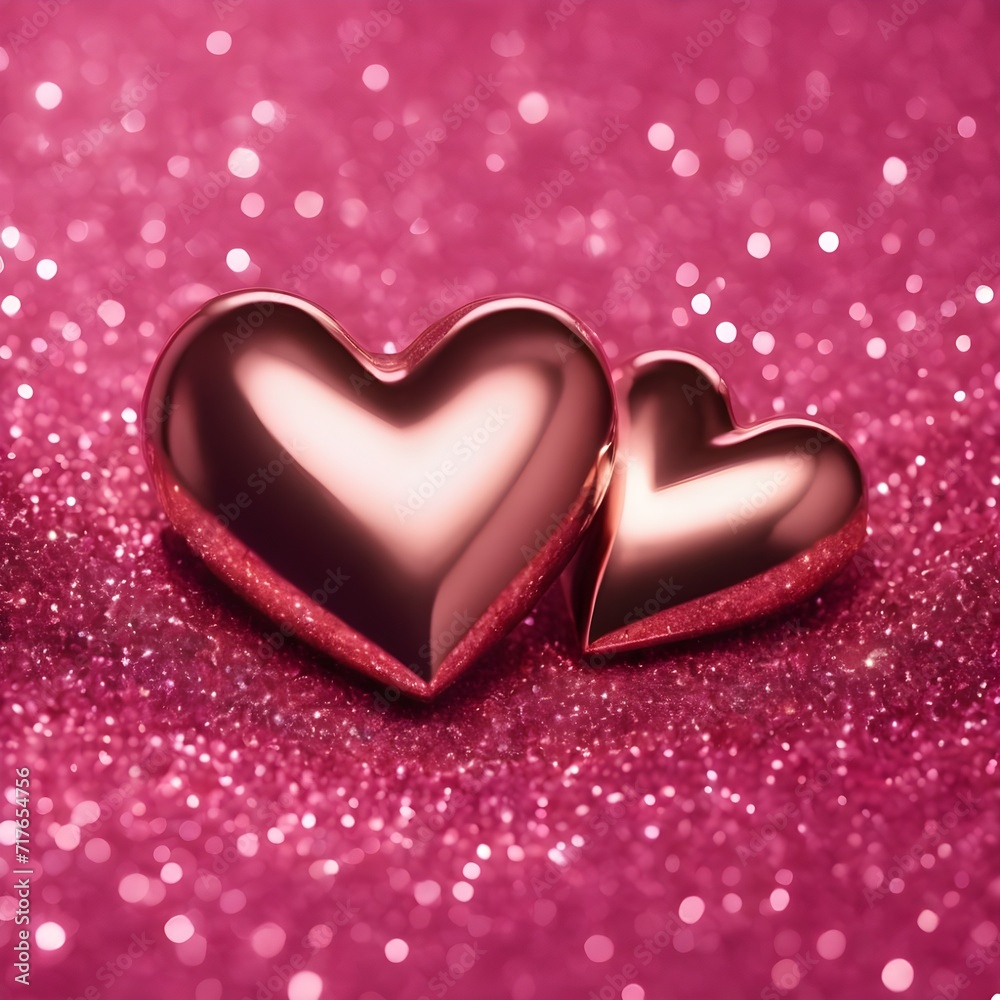 Two Hearts On Pink Glitter valentines day concept, copy space Two Hearts On Pink Glitter valentines day concept, copy space