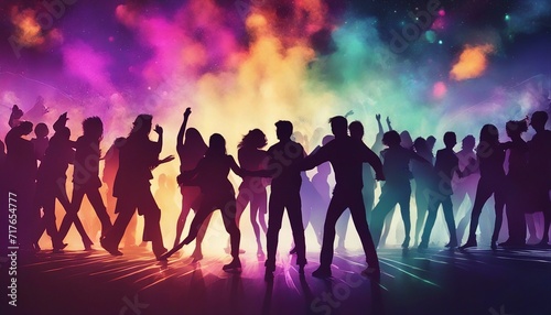 silhouettes of  people dancing at a crowded party at midnight  colorful lights and smoke at background  dijital painting. 