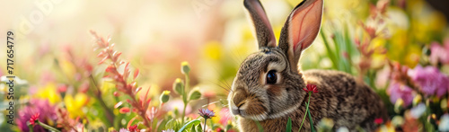 A wild rabbit in grass in meadow of Spring flowers, banner for Easter Sunday celebrations or Farm concept, floral background with copy space for text.
