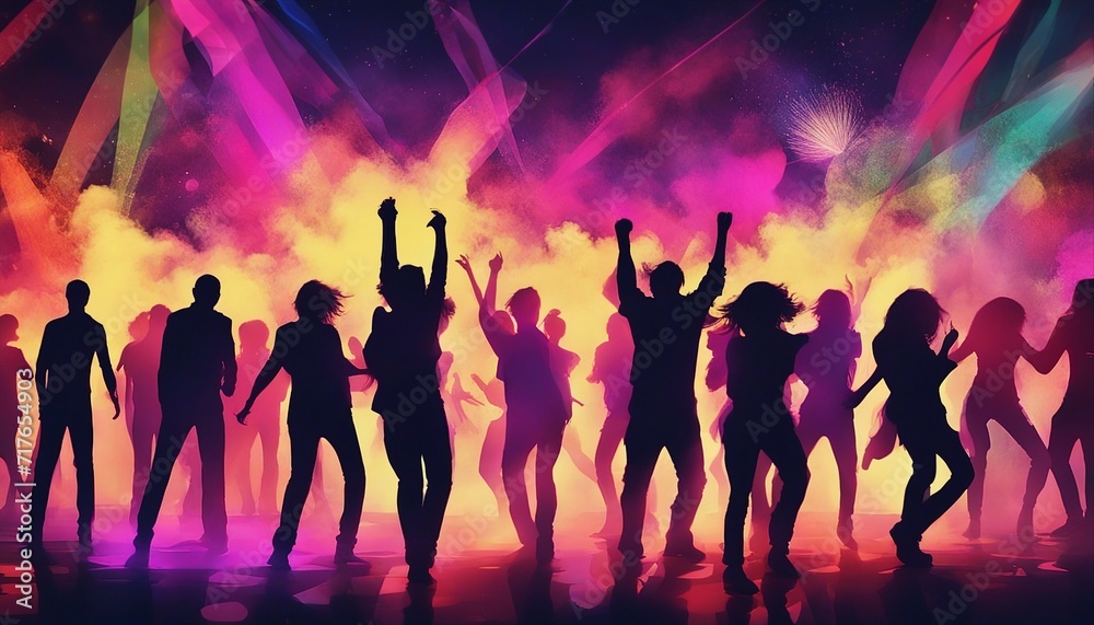 silhouettes of people dancing at a crowded party at midnight, colorful lights and smoke at background, dijital painting.
silhouettes of people dancing at a crowded party at midnight, colorful lights and smoke at background, dijital painting.