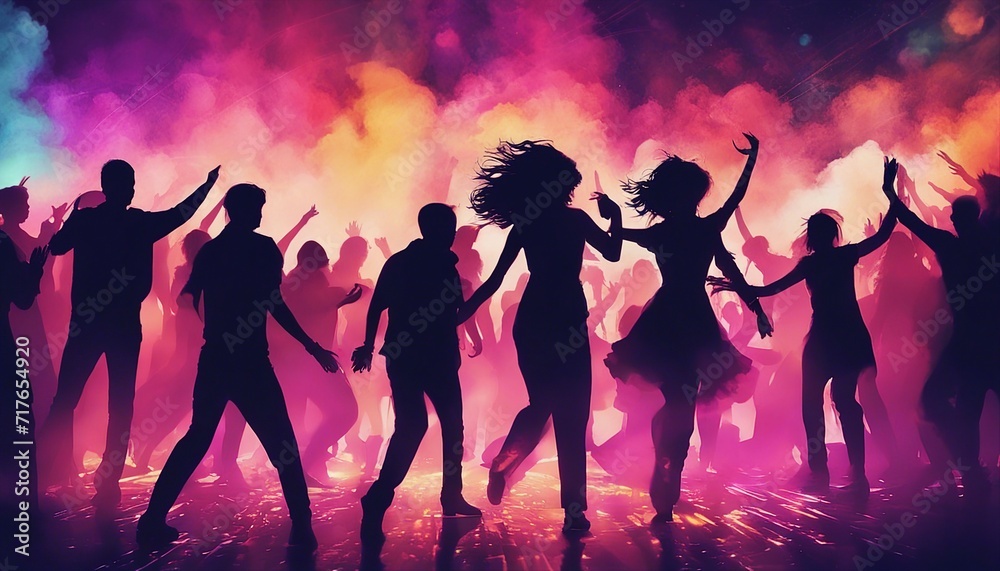 silhouettes of people dancing at a crowded party at midnight, colorful lights and smoke at background, dijital painting.
silhouettes of people dancing at a crowded party at midnight, colorful lights and smoke at background, dijital painting.