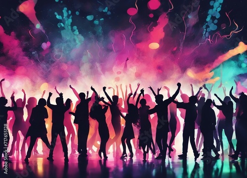 silhouettes of people dancing at a crowded party at midnight, colorful lights and smoke at background, dijital painting. 