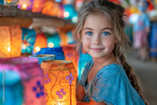 A joyful girl radiates happiness while playing near colorful lanterns.