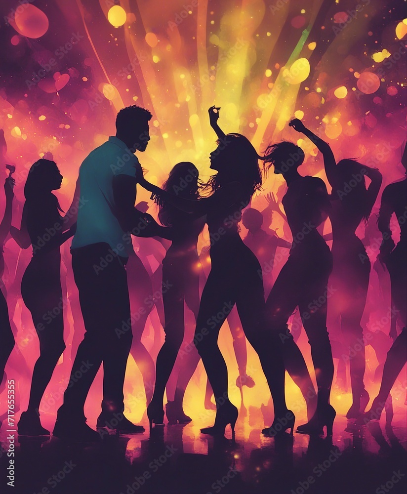 silhouettes of people dancing at a crowded party at midnight, colorful lights and smoke at background, dijital painting.
silhouettes of people dancing at a crowded party at midnight, colorful lights and smoke at background, dijital painting.