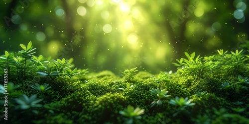 A vibrant green landscape with sunlight filtering through the foliage and moss to create a refreshing and vibrant natural scene.