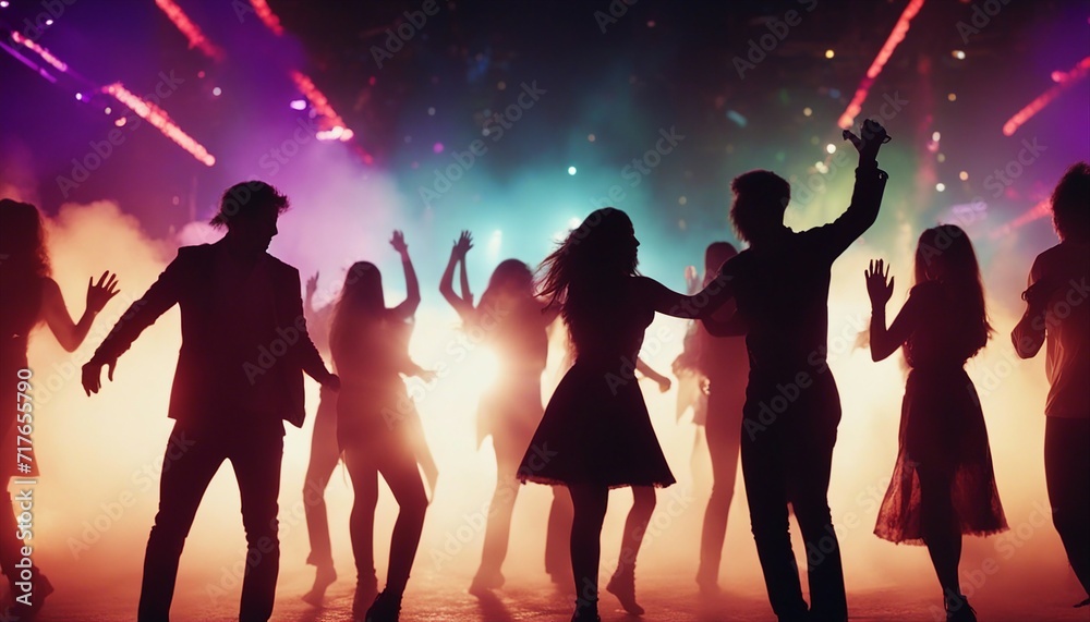 © abu - silhouettes of people dancing at a crowded party at midnight, colorful lights and smoke at background